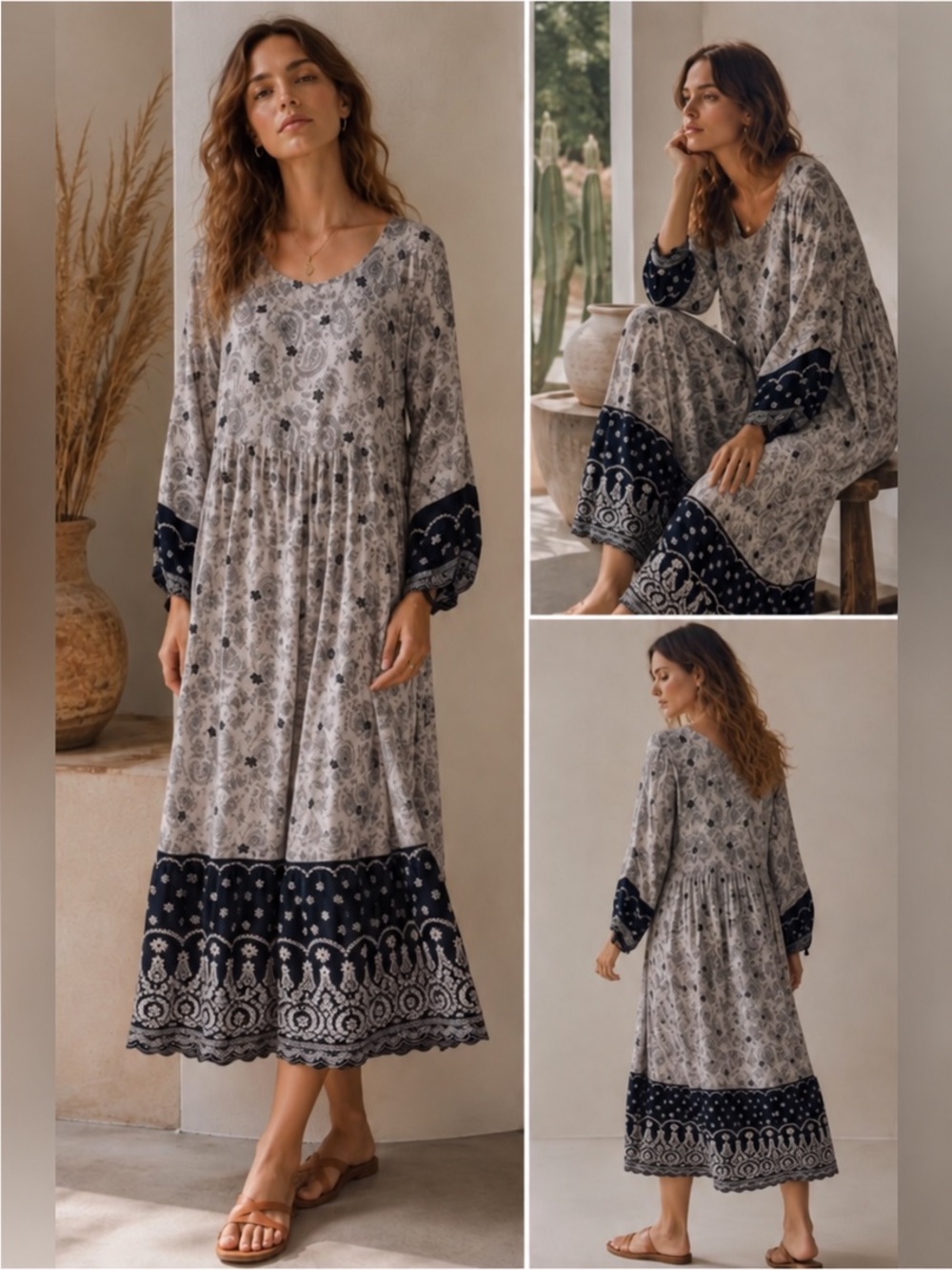 Bohemian Black & White Paisley Long Sleeve Maxi Dress